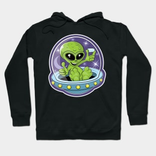 Illustration of a cute alien holding candy in a flying saucer Hoodie